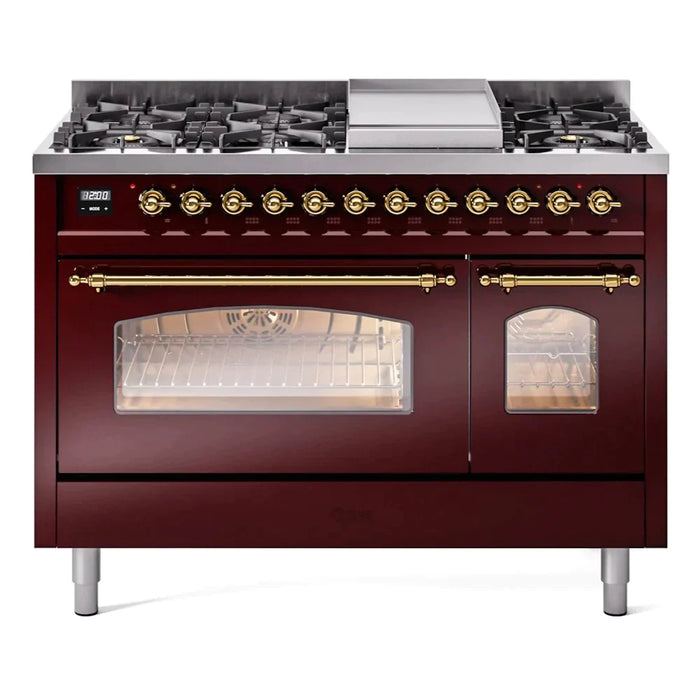 ILVE 48" Nostalgie II Series Freestanding Double Oven Dual Fuel Range with 8 Sealed Burners and Griddle