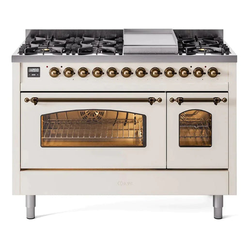 ILVE 48" Nostalgie II Series Freestanding Double Oven Dual Fuel Range with 8 Sealed Burners and Griddle