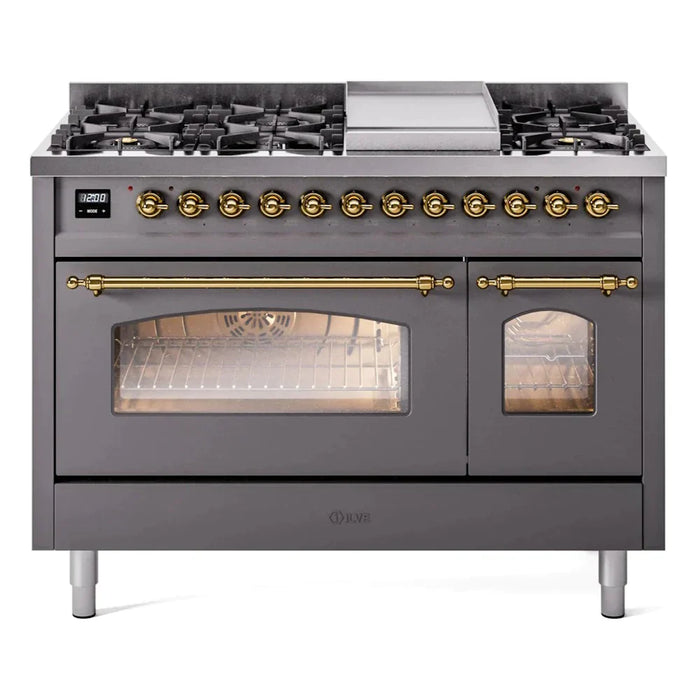 ILVE 48" Nostalgie II Series Freestanding Double Oven Dual Fuel Range with 8 Sealed Burners and Griddle