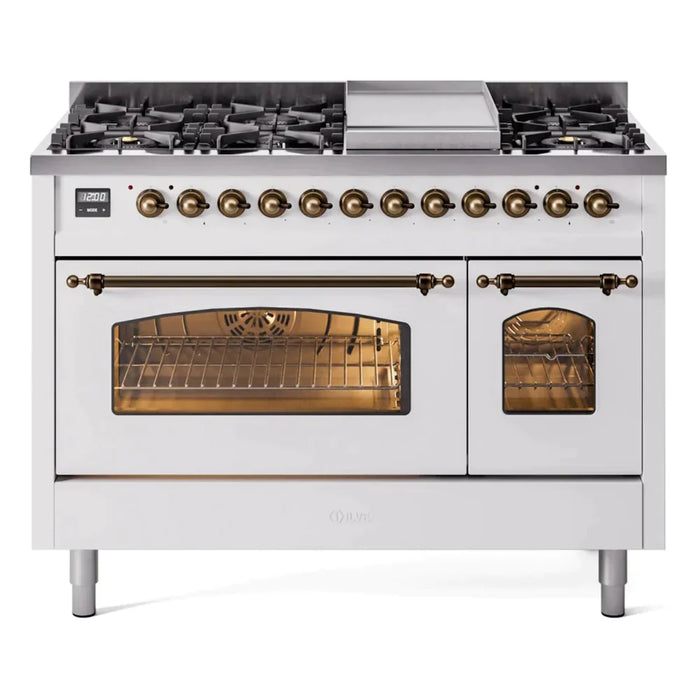 ILVE 48" Nostalgie II Series Freestanding Double Oven Dual Fuel Range with 8 Sealed Burners and Griddle