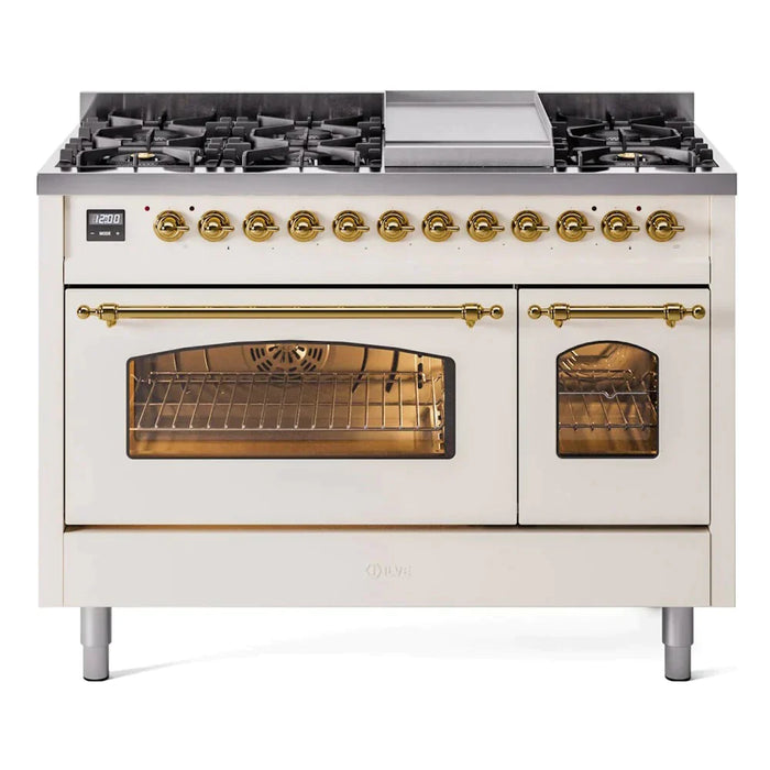 ILVE 48" Nostalgie II Series Freestanding Double Oven Dual Fuel Range with 8 Sealed Burners and Griddle