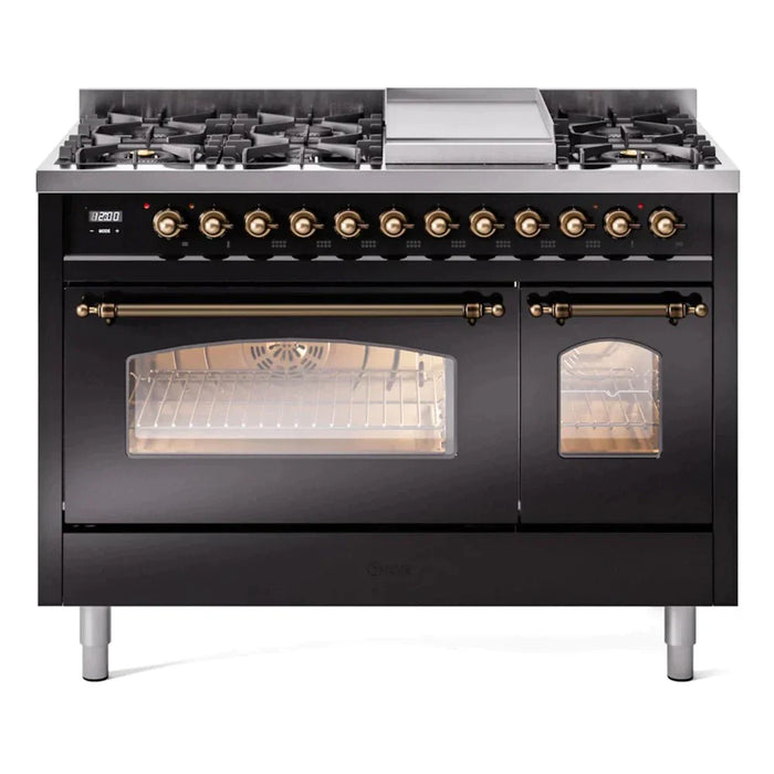 ILVE 48" Nostalgie II Series Freestanding Double Oven Dual Fuel Range with 8 Sealed Burners and Griddle