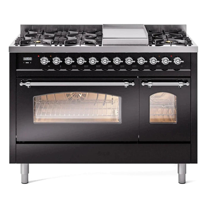 ILVE 48" Nostalgie II Series Freestanding Double Oven Dual Fuel Range with 8 Sealed Burners and Griddle