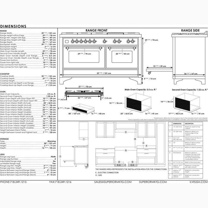 ILVE 60 Inch Majestic II Series Dual Fuel Natural Gas Range with 9 Sealed Burners and Griddle with 5.8 cu. ft. Total Oven Capacity TFT Oven Control Display (UM15FDNS3)