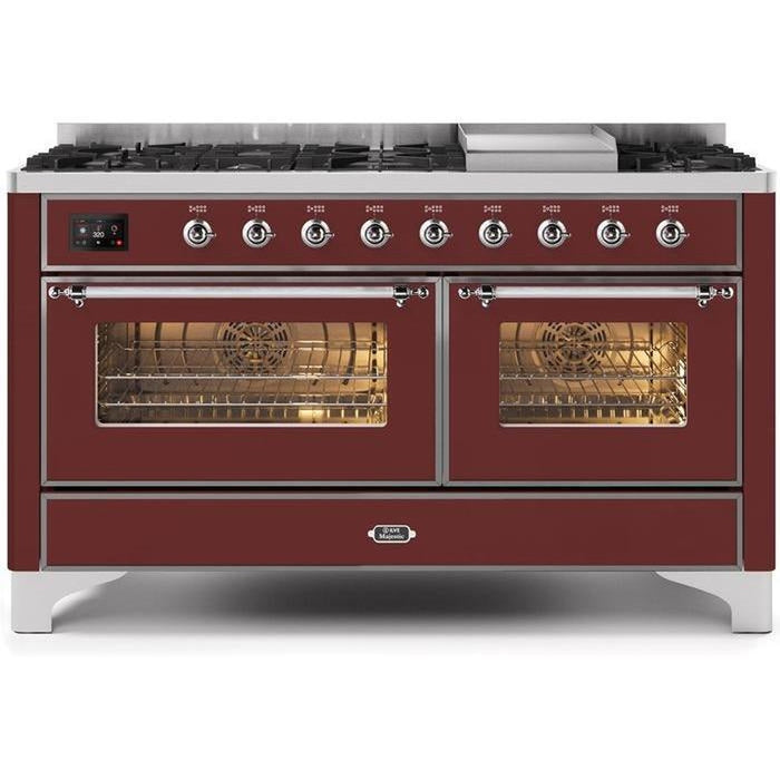 ILVE 60 Inch Majestic II Series Dual Fuel Natural Gas Range with 9 Sealed Burners and Griddle with 5.8 cu. ft. Total Oven Capacity TFT Oven Control Display (UM15FDNS3)