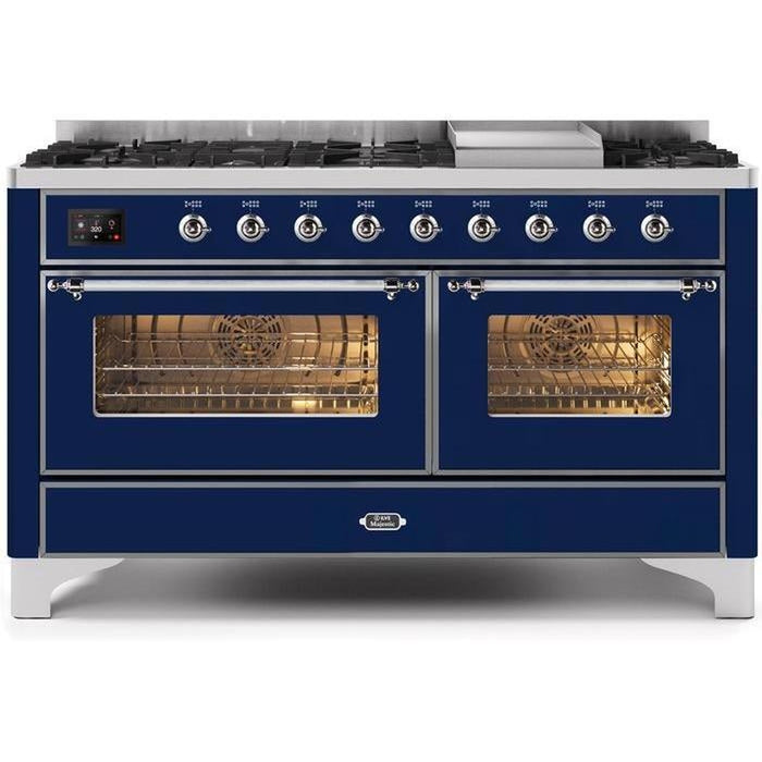 ILVE 60 Inch Majestic II Series Dual Fuel Natural Gas Range with 9 Sealed Burners and Griddle with 5.8 cu. ft. Total Oven Capacity TFT Oven Control Display (UM15FDNS3)