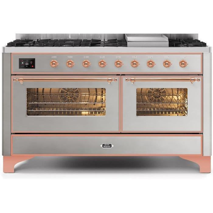 ILVE 60 Inch Majestic II Series Dual Fuel Natural Gas Range with 9 Sealed Burners and Griddle with 5.8 cu. ft. Total Oven Capacity TFT Oven Control Display (UM15FDNS3)