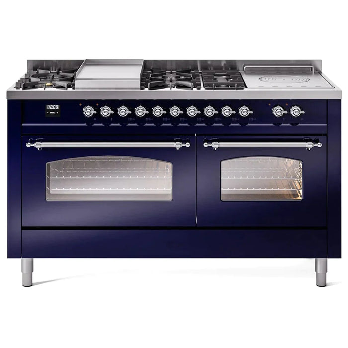 ILVE 60" Nostalgie II Series Freestanding Double Oven Dual Fuel Range with 8 Sealed Burners and Griddle