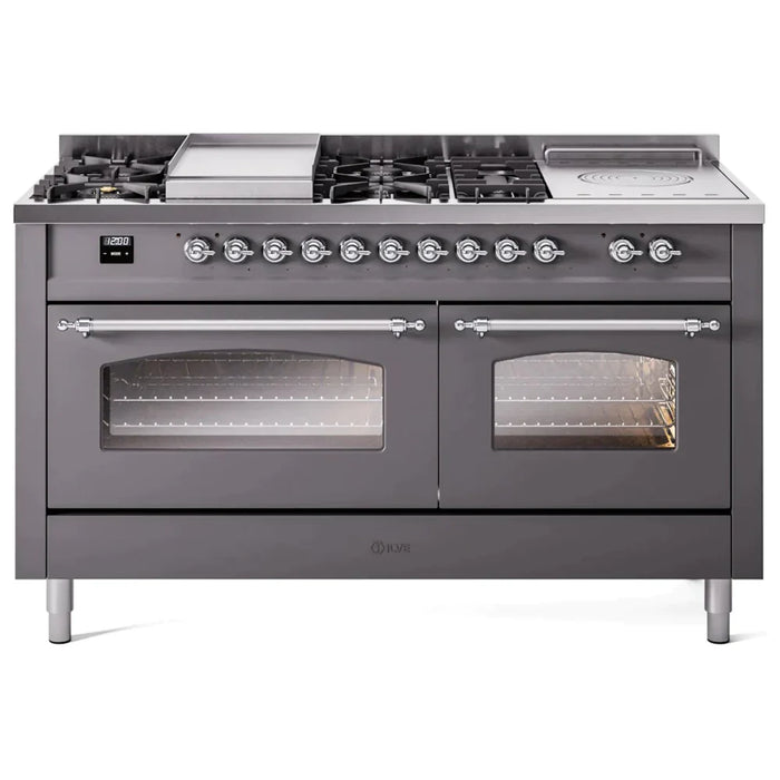 ILVE 60" Nostalgie II Series Freestanding Double Oven Dual Fuel Range with 8 Sealed Burners and Griddle