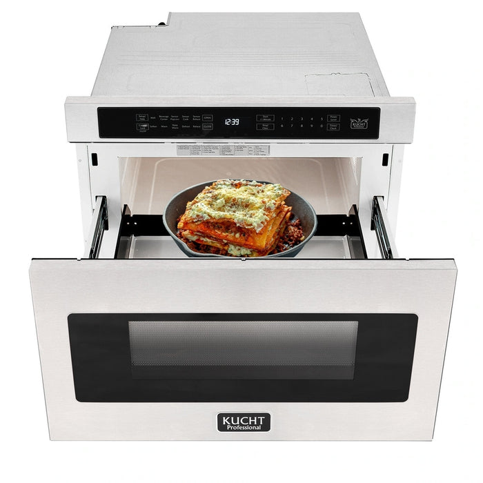 Kucht 5-Piece Appliance Package - 48-Inch Propane Gas Range with 6.7 Cu. Ft. Oven, 36-Inch Refrigerator, Dishwasher, Wall Mount Range Hood & Microwave Drawer in Stainless Steel