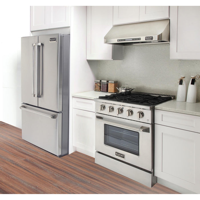 Kucht 4-Piece Appliance Package - 30-Inch Propane Gas Range with 4.2 Cu. Ft. Oven, 36-Inch Refrigerator with Water Dispenser, Dishwasher & Under Cabinet Range Hood in Stainless Steel