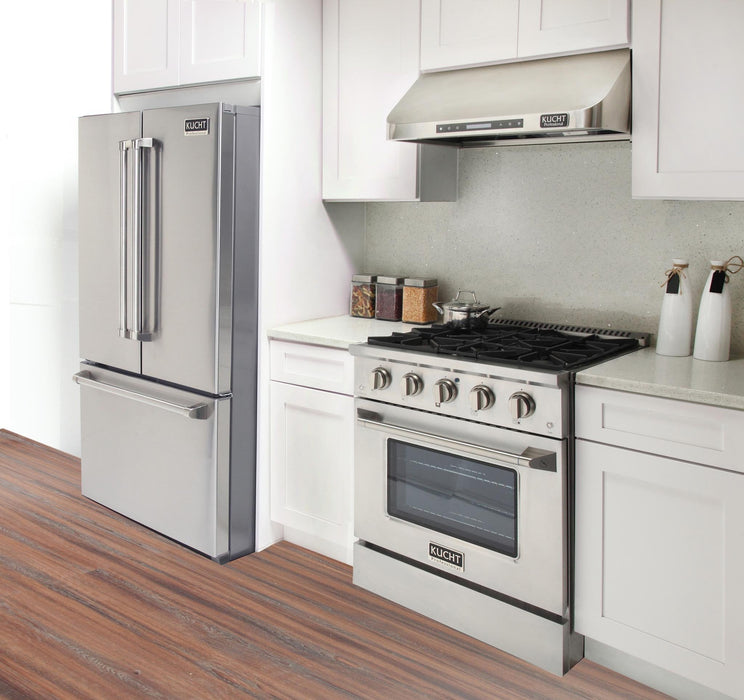 Kucht 3-Piece Appliance Package - 30-Inch Natural Gas Range with 4.2 Cu. Ft. Oven, 36-Inch Refrigerator with Water Dispenser, & Dishwasher in Stainless Steel