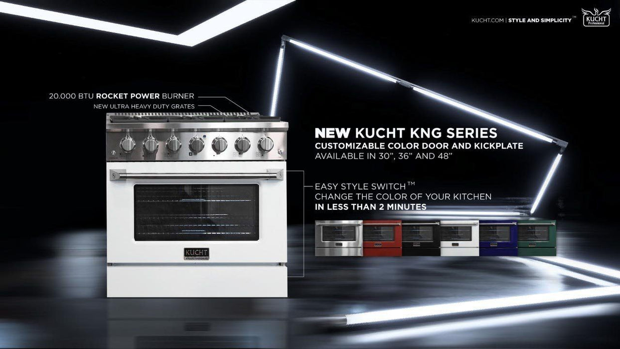 Kucht 5-Piece Appliance Package - 30-Inch Natural Gas Range with 4.2 Cu. Ft. Oven, 36-Inch Refrigerator, Dishwasher, Wall Mount Range Hood, & Microwave Wall Oven in Stainless Steel