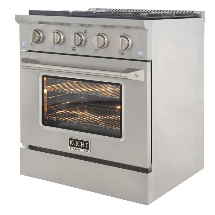 Kucht 4-Piece Appliance Package - 30-Inch Propane Gas Range with 4.2 Cu. Ft. Oven, 36-Inch Refrigerator, Dishwasher & Wall Mount Range Hood in Stainless Steel