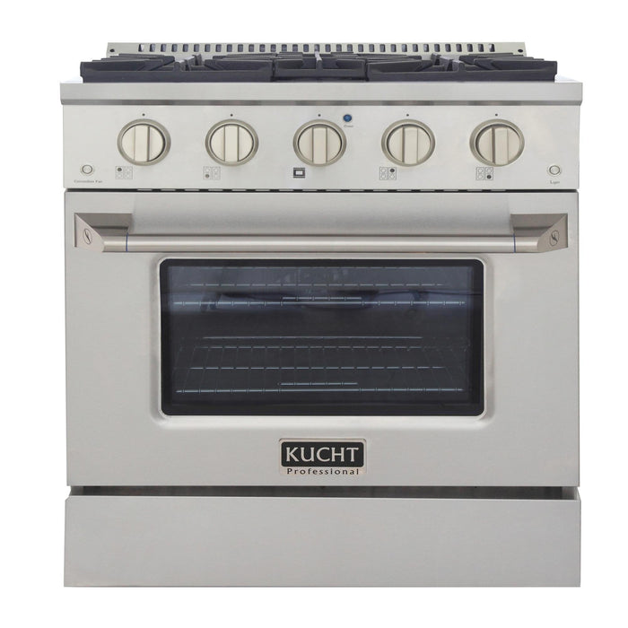 Kucht 5-Piece Appliance Package - 30-Inch Propane Gas Range with 4.2 Cu. Ft. Oven, 36-Inch Refrigerator with Water Dispenser, Dishwasher, Wall Mount Range Hood, & Microwave Wall Oven in Stainless Steel