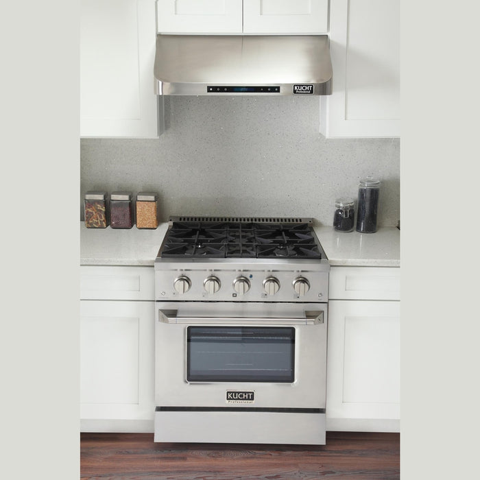 Kucht 5-Piece Appliance Package - 30-Inch Propane Gas Range with 4.2 Cu. Ft. Oven, 36-Inch Refrigerator, Dishwasher, Wall Mount Range Hood & Microwave Drawer in Stainless Steel