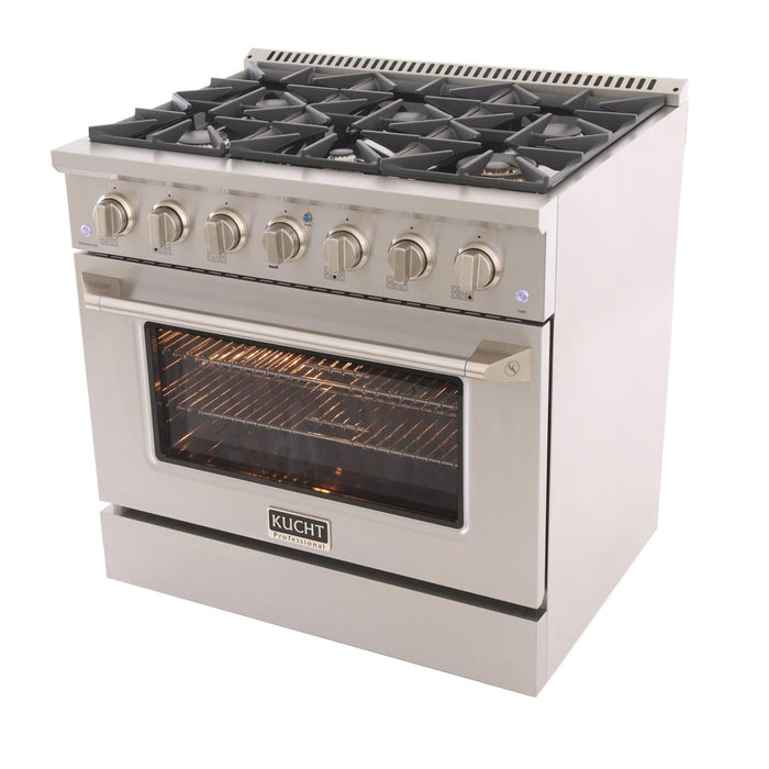 Kucht 5-Piece Appliance Package - 36-Inch Natural Gas Range with 5.2 Cu. Ft. Oven, 36-Inch Refrigerator with Water Dispenser, Dishwasher, Under Cabinet Range & Microwave Drawer in Stainless Steel