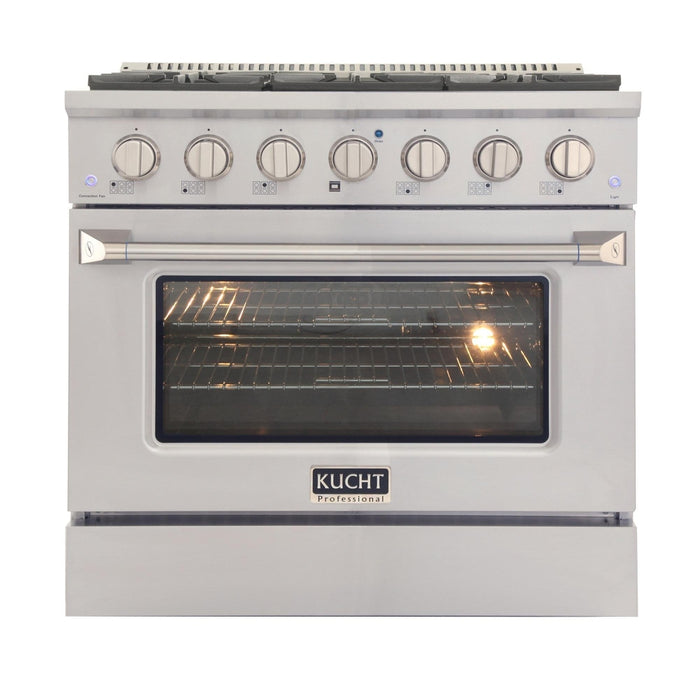 Kucht 5-Piece Appliance Package - 36-Inch Propane Gas Range with 5.2 Cu. Ft. Oven, 36-Inch Refrigerator, Dishwasher, Under Cabinet Range & Microwave Drawer in Stainless Steel