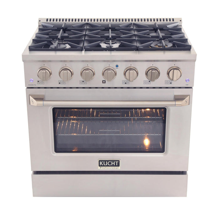 Kucht 3-Piece Appliance Package - 36-Inch Natural Gas Range with 5.2 Cu. Ft. Oven, 36-Inch Refrigerator with Water Dispenser, & Dishwasher in Stainless Steel