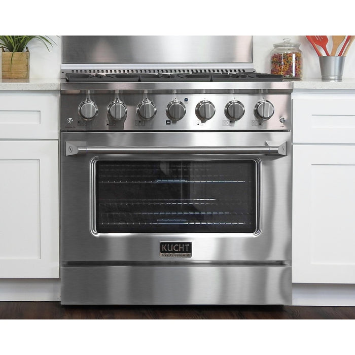 Kucht 4-Piece Appliance Package - 36-Inch Natural Gas Range with 5.2 Cu. Ft. Oven, 36-Inch Refrigerator, Dishwasher & Wall Mount Range Hood in Stainless Steel