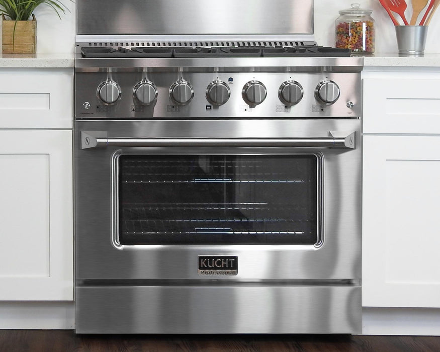Kucht 3-Piece Appliance Package - 36-Inch Natural Gas Range with 5.2 Cu. Ft. Oven, 36-Inch Refrigerator with Water Dispenser, & Dishwasher in Stainless Steel