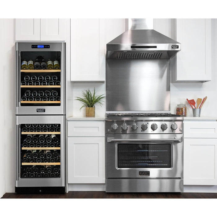 Kucht 5-Piece Appliance Package - 36-Inch Natural Gas Range with 5.2 Cu. Ft. Oven, 36-Inch Refrigerator, Dishwasher, Wall Mount Range Hood & Microwave Drawer in Stainless Steel