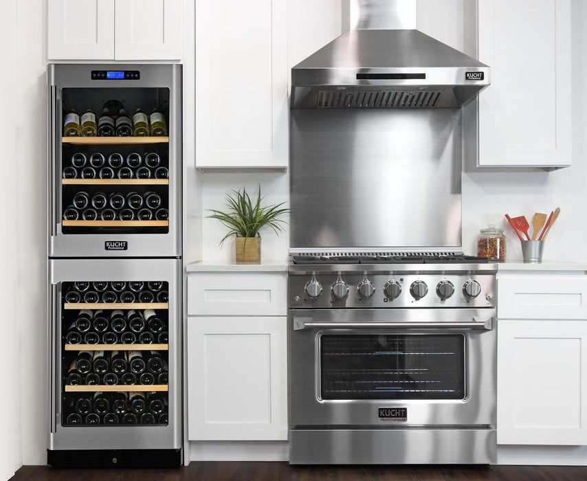 Kucht 5-Piece Appliance Package - 36-Inch Propane Gas Range with 5.2 Cu. Ft. Oven, 36-Inch Refrigerator, Dishwasher, Wall Mount Range Hood, & Microwave Wall Oven in Stainless Steel