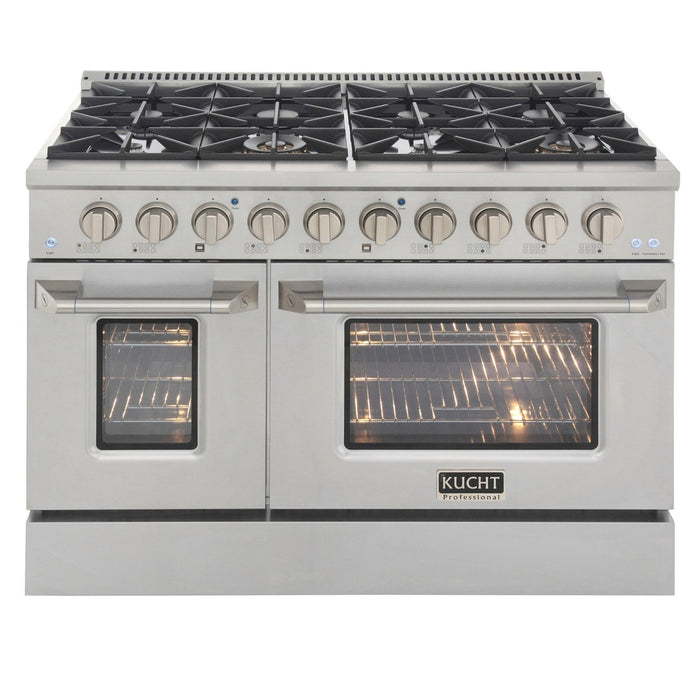 Kucht 4-Piece Appliance Package - 48-Inch Natural Gas Range with 6.7 Cu. Ft. Oven, 36-Inch Refrigerator with Water Dispenser, Dishwasher & Wall Mount Range Hood in Stainless Steel