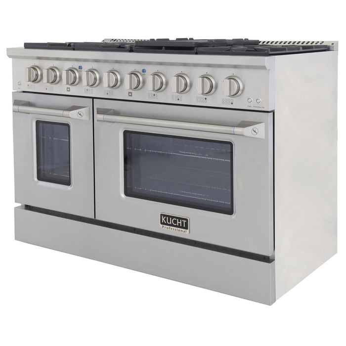 Kucht 4-Piece Appliance Package - 48-Inch Natural Gas Range with 6.7 Cu. Ft. Oven, 36-Inch Refrigerator with Water Dispenser, Dishwasher & Wall Mount Range Hood in Stainless Steel