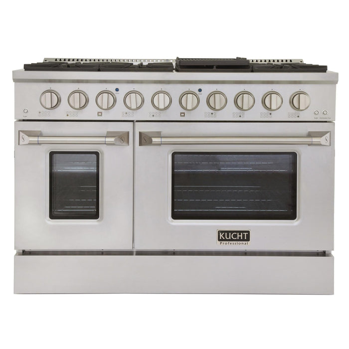Kucht 5-Piece Appliance Package - 48-Inch Natural Gas Range with 6.7 Cu. Ft. Oven, 36-Inch Refrigerator, Dishwasher, Wall Mount Range Hood, & Microwave Wall Oven in Stainless Steel
