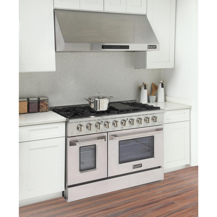 Kucht 5-Piece Appliance Package - 48-Inch Natural Gas Range with 6.7 Cu. Ft. Oven, 36-Inch Refrigerator with Water Dispenser, Dishwasher, Wall Mount Range Hood, & Microwave Wall Oven in Stainless Steel
