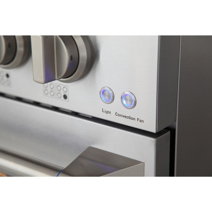 Kucht 5-Piece Appliance Package - 48-Inch Natural Gas Range with 6.7 Cu. Ft. Oven, 36-Inch Refrigerator with Water Dispenser, Dishwasher, Wall Mount Range Hood & Microwave Drawer in Stainless Steel