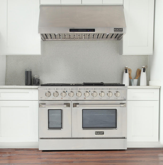 Kucht 4-Piece Appliance Package - 48-Inch Natural Gas Range with 6.7 Cu. Ft. Oven, 36-Inch Refrigerator with Water Dispenser, Dishwasher & Under Cabinet Range Hood in Stainless Steel