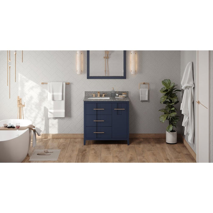 Jeffrey Alexander 36" Hale Blue Katara Vanity, left offset, Boulder Vanity Cultured Marble Vanity Top, undermount rectangle bowl