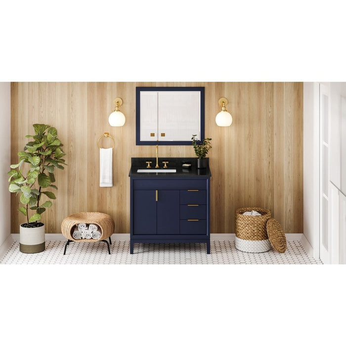 Jeffrey Alexander 36" Hale Blue Theodora Vanity, left offset, Black Granite Vanity Top, undermount rectangle bowl