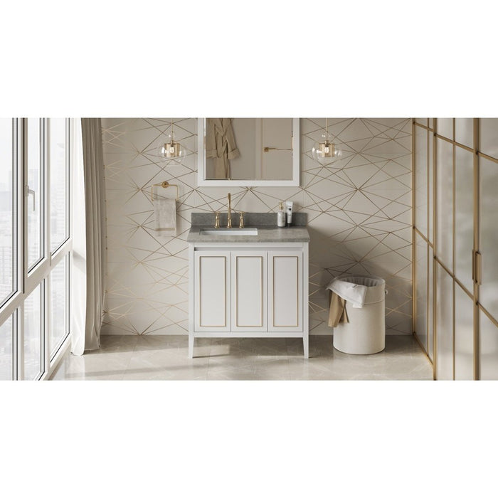 Jeffrey Alexander 36" White Percival Vanity, left offset, Steel Grey Cultured Marble Vanity Top, undermount rectangle bowl