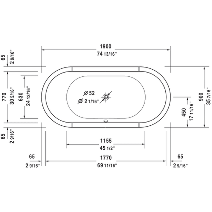 Duravit XViu 71" Free Standing Acrylic Soaking Tub with Center Drain and Overflow 700443000B20090