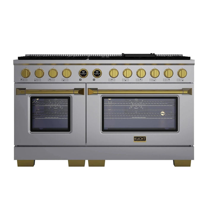 Kucht Horus 60-Inch Dual Fuel Range in Propane Gas with  8.4 cu. ft. Electric Oven & 8 Gas Burners in Stainless Steel with Gold Accents & Digital Thermostat (KXP60-GL/LP)