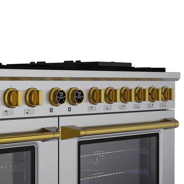 Kucht Horus 60-Inch Dual Fuel Range with 8.4 cu. ft. Electric Oven and 8 Gas Burners in Stainless Steel with Gold Accents and Digital Thermostat (KXP60-GL)