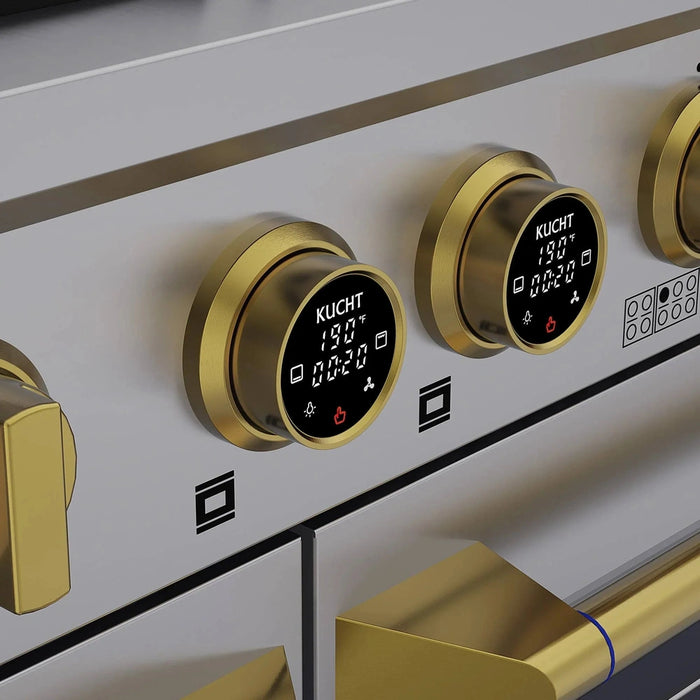 Kucht Horus 60-Inch Dual Fuel Range with 8.4 cu. ft. Electric Oven and 8 Gas Burners in Stainless Steel with Gold Accents and Digital Thermostat (KXP60-GL)