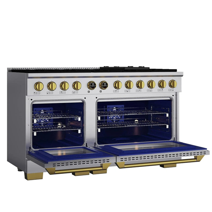 Kucht Horus 60-Inch Dual Fuel Range with 8.4 cu. ft. Electric Oven and 8 Gas Burners in Stainless Steel with Gold Accents and Digital Thermostat (KXP60-GL)