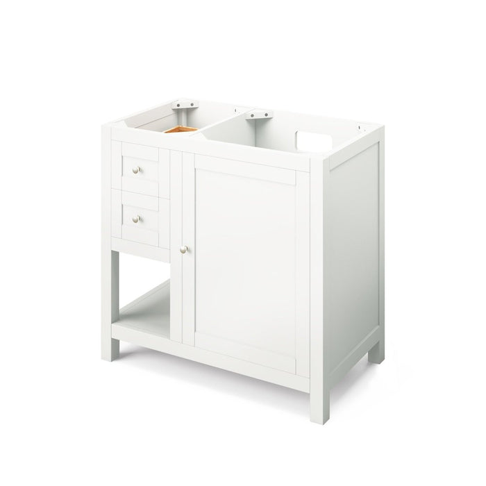 Jeffrey Alexander 36" White Astoria Vanity, right offset, Black Granite Vanity Top, undermount rectangle bowl