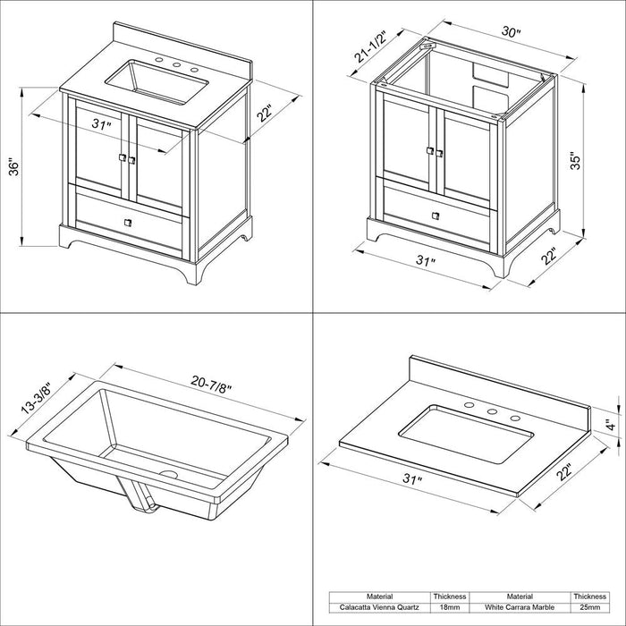 Jeffrey Alexander 30" White Addington Vanity, Calacatta Vienna Quartz Vanity Top, undermount rectangle bowl