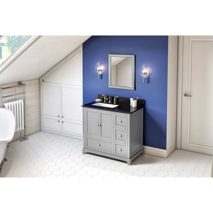 Jeffrey Alexander 36" Grey Addington Vanity, left offset, Black Granite Vanity Top, undermount rectangle bowl