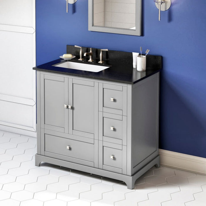 Jeffrey Alexander 36" Grey Addington Vanity, left offset, Black Granite Vanity Top, undermount rectangle bowl