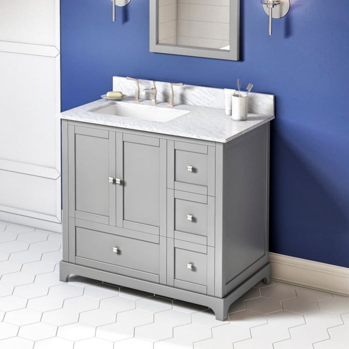 Jeffrey Alexander 36" Grey Addington Vanity, left offset, White Carrara Marble Vanity Top, undermount rectangle bowl