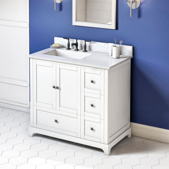 Jeffrey Alexander 36" White Addington Vanity, left offset, White Carrara Marble Vanity Top, undermount rectangle bowl