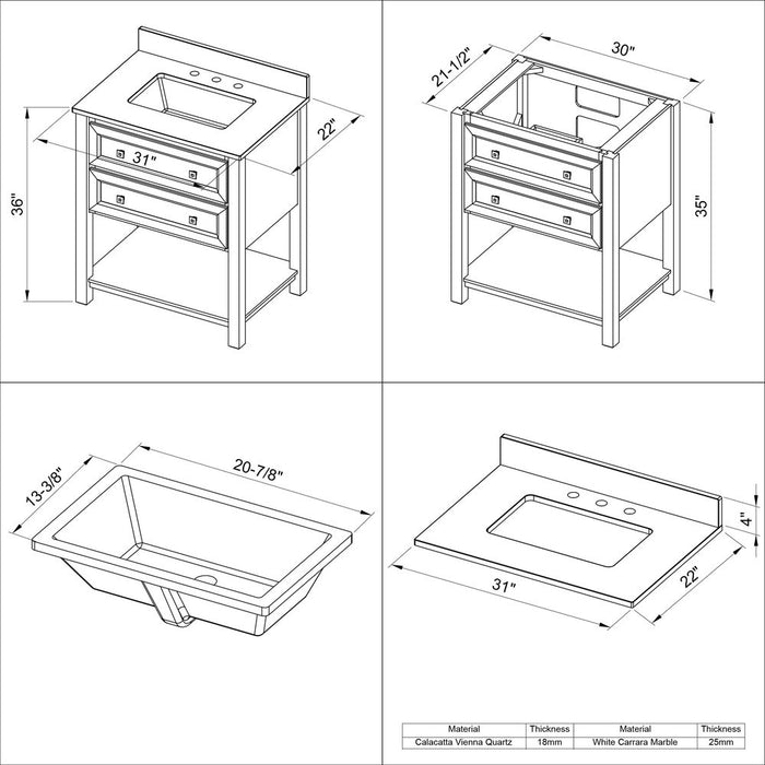 Jeffrey Alexander 30" White Adler Vanity, Calacatta Vienna Quartz Vanity Top, undermount rectangle bowl