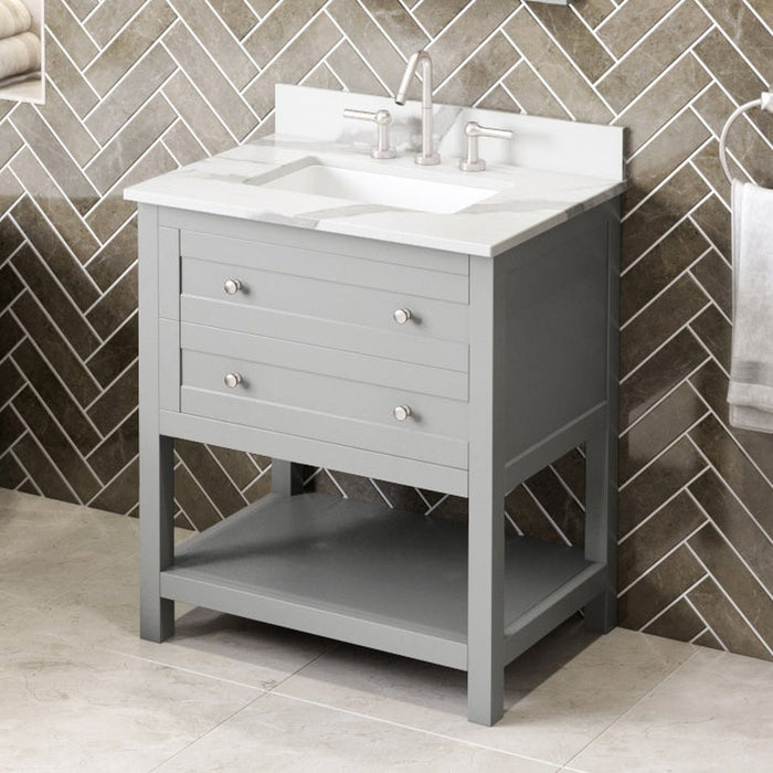 Jeffrey Alexander 30" Grey Astoria Vanity, Calacatta Vienna Quartz Vanity Top, undermount rectangle bowl