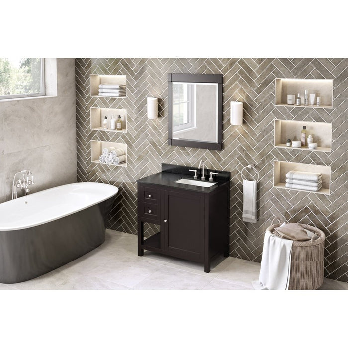 Jeffrey Alexander 36" Espresso Astoria Vanity, right offset, Black Granite Vanity Top, undermount rectangle bowl